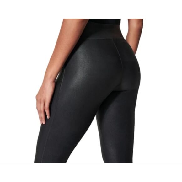 ~ SPANX 1x Leggings Vegan Leather Black Stretch Sheen Shine Faux Pleather Plus - Picture 4 of 16